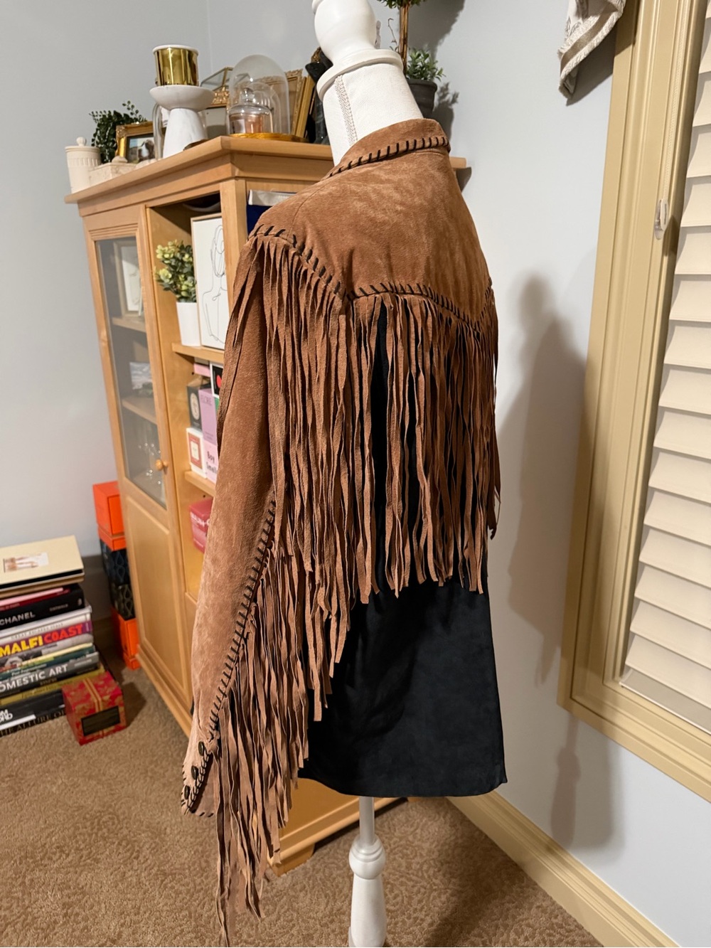 80s Bob Mackie Vintage Fringed Leather Suede Western Jacket Brown & Black Size L - Picture 12 of 15